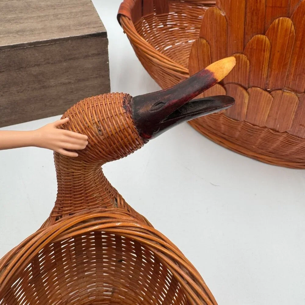 Goose or Swan Duck Nesting Baskets 1970s Mid Century Woven Wicker Rattan & Bambo